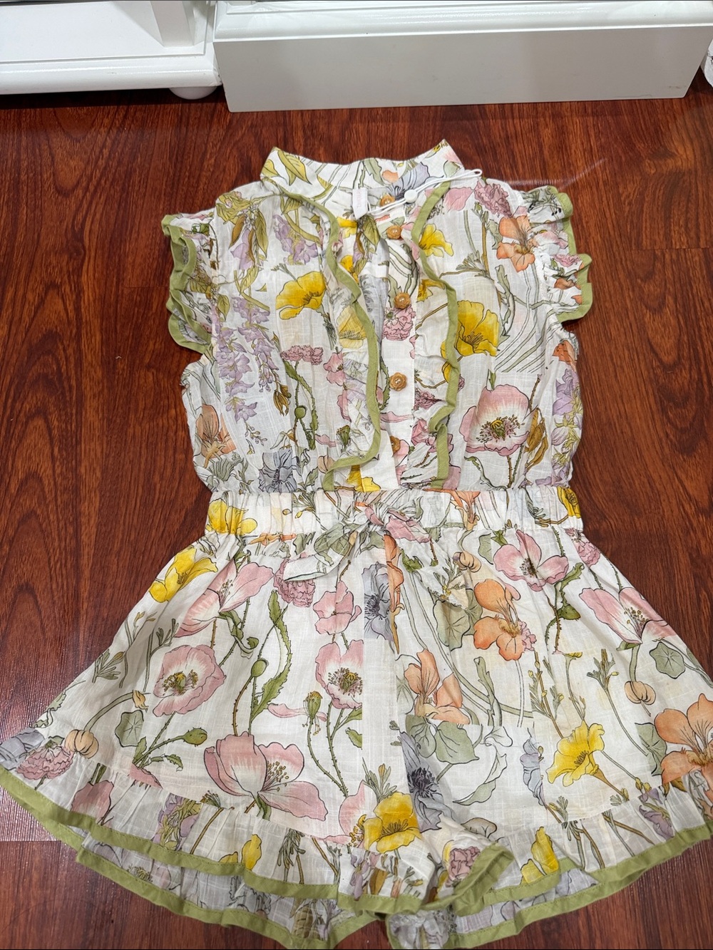 Zimmermann Floral Cotton Ruffle Dress in Yellow, Pink & Green
